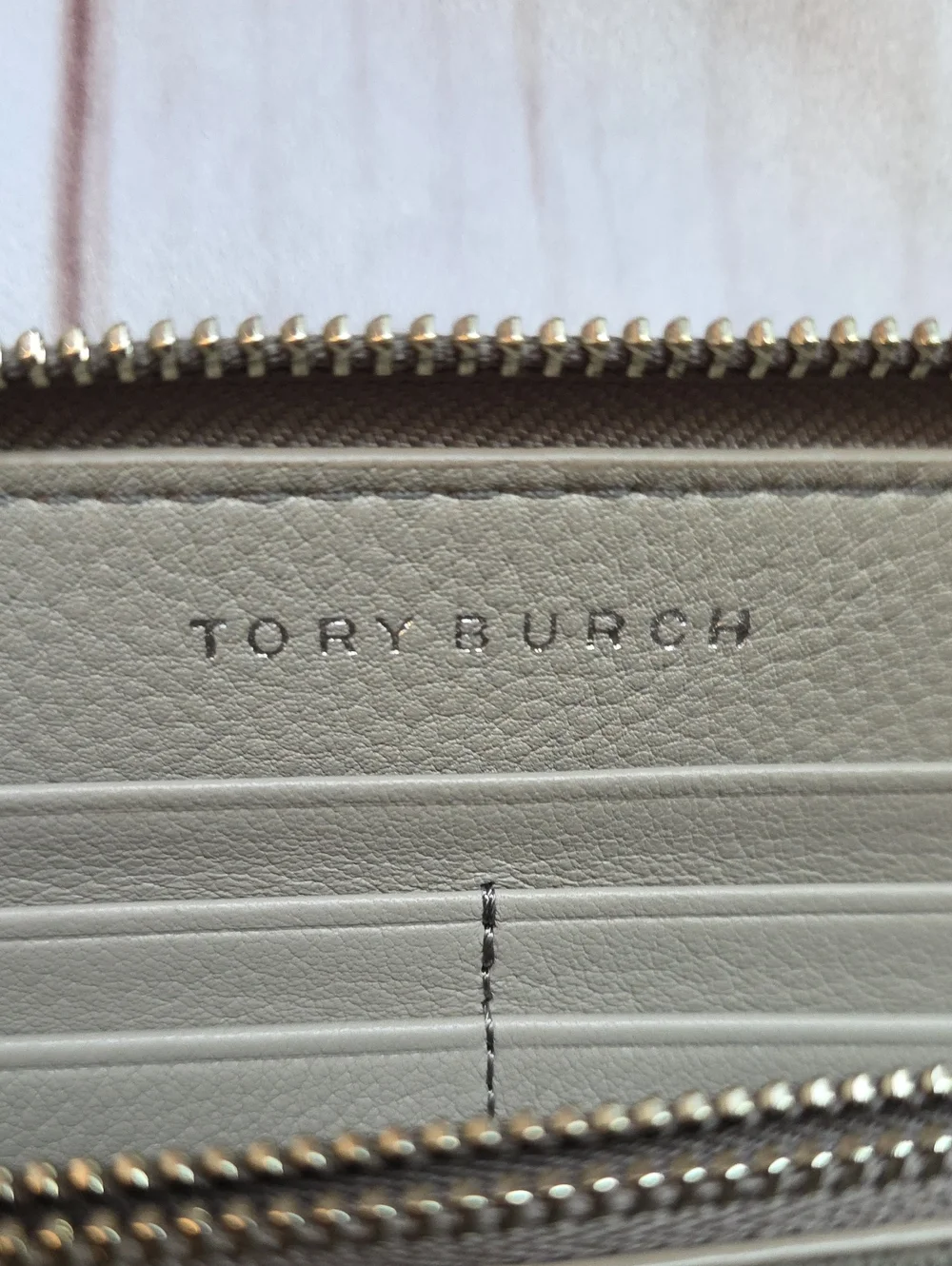 Tory Burch Britten Zip Continental Wallet in a Taupe French Grey Pebbled Leather